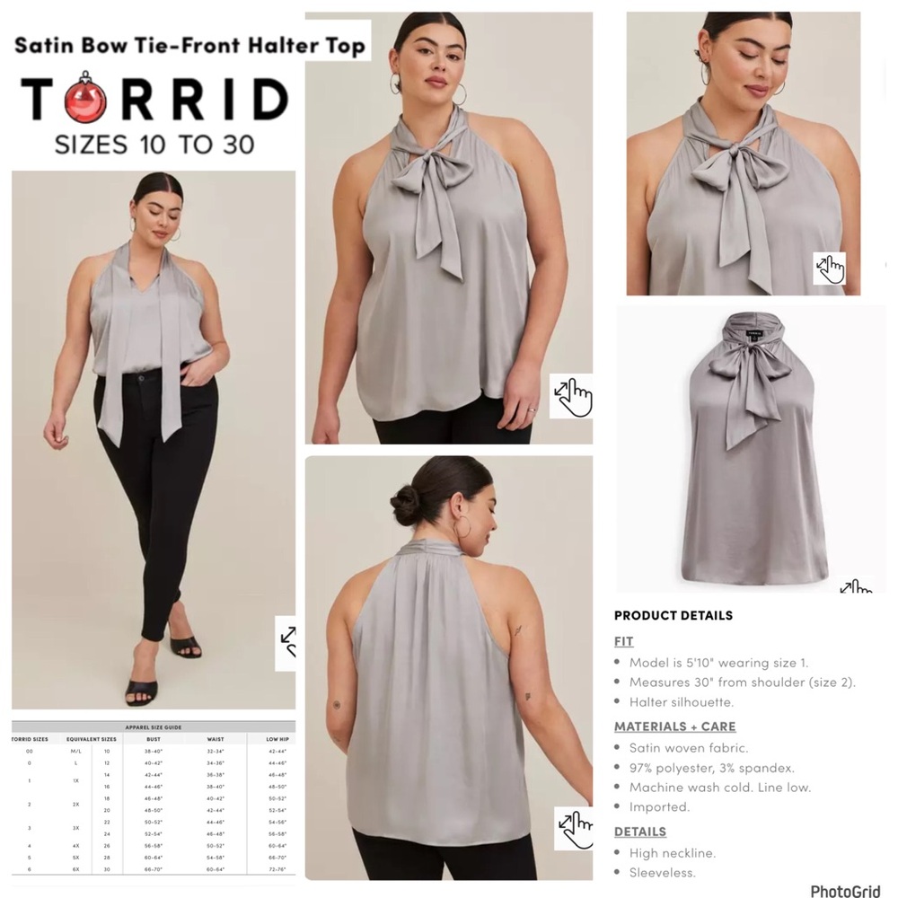 Torrid 2 plus size silver satin bow tie front halter top